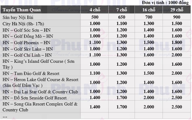 BẢNG BÁO GIÁ XE SÂN BAY, GOLF